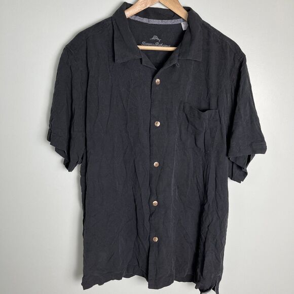 Tommy Bahama Men Shirt XL Black Hawaiian Tropical Floral 100%Silk Vacation Beach - Picture 1 of 16